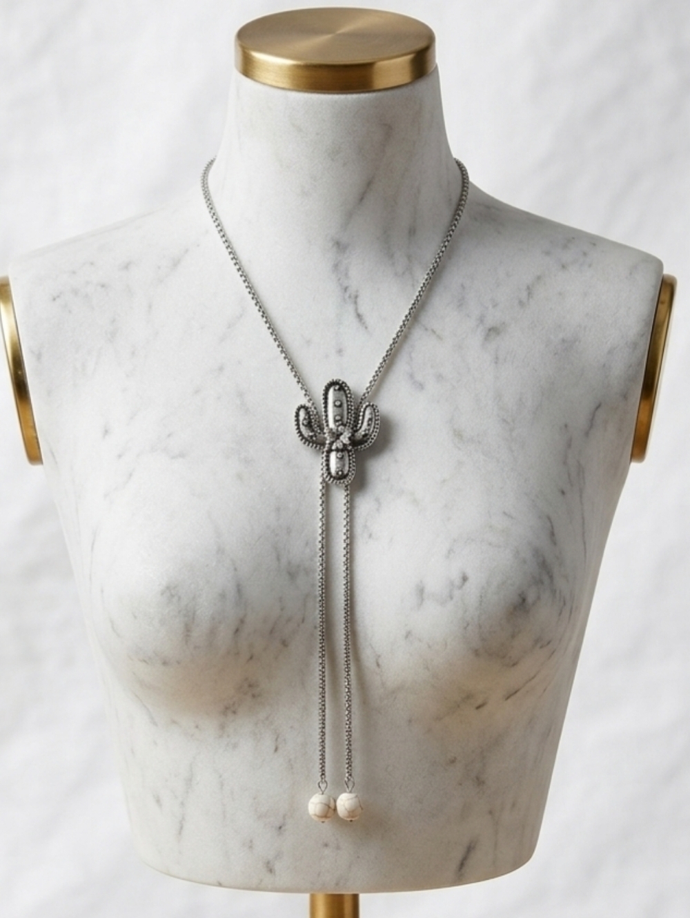 Silver Cactus Lariat Necklace with Hyalite Bead Tassels - Women Jewelry